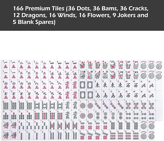 American Mahjong Game Set, 166 Premium White Tiles, 4 All-in-One Color Rack/Pushers, Complete Mahjong Set Blue Carrying Bag