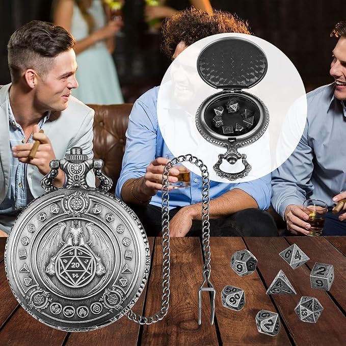 Mini DND Dice Set Dragon Pocket Watch Shell Case, 7pcs Polyhedral Metal D&D Dice Set, DND Gifts with Gift Box, D&D Gift, Role Playing Board Games Accessories, Dark Silver
