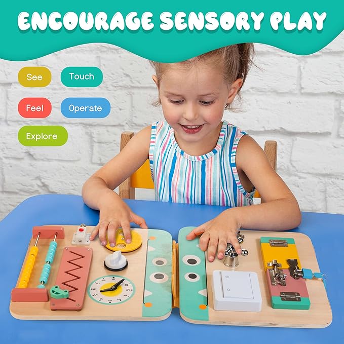 17 for 1 Wooden Busy Board for Kids, Montessori Toys for 2 3 4 Years Old, Eduacational Activity Sensory Board, Multifunctinal Learning Toys for Toddlers Age 2-4, Fine Motor Skill