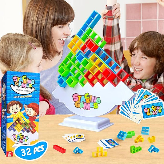 32 Pcs Tetra Tower Stacking Game, Fun Balance Building Blocks Board Games for Kids Adults Family Party, Toys Gifts for Boys Girls Ages 3-12
