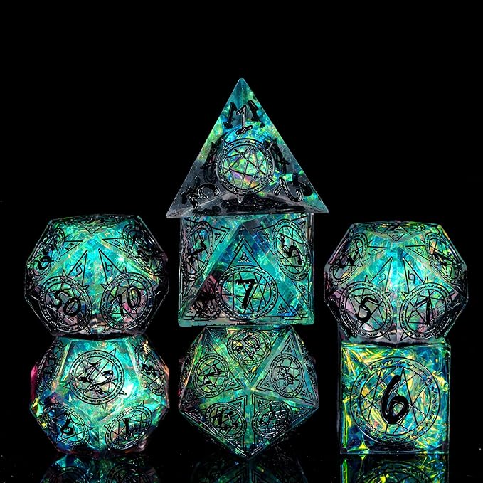 Cusdie 7-Die Sharp Edges DND Dice Set, Magic Circle Pattern Polyhedral D&D Dice Set for DND Dungeons and Dragons TTRPG Role Playing Games