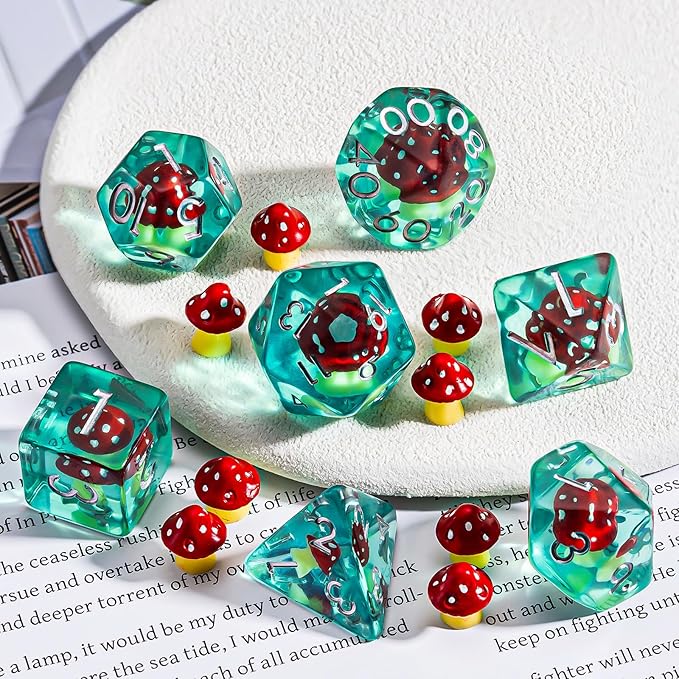 DND Resin Mushroom Dice Set, D&D Polyhedral Dice for Dungeons and Dragons RPG, MTG Role Playing Games D and D Dice 7pc D20 D12 D10 D8 D6 D4