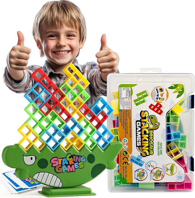 48PCS Dinosaur Balance Stacking Blocks with Travel Case | Montessori Fine Motor Skill Toys for Kids 3+ | Educational STEM Building Game for Focus & Coordination