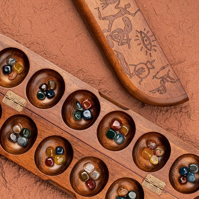 Deluxe Mancala Board Game Set - Real Wood Hinged Folding Board with 48 Mixed Natural Gemstones, Authentic African Petroglyphs, Foldable Design for 2-Player Strategy Game, Portable Game