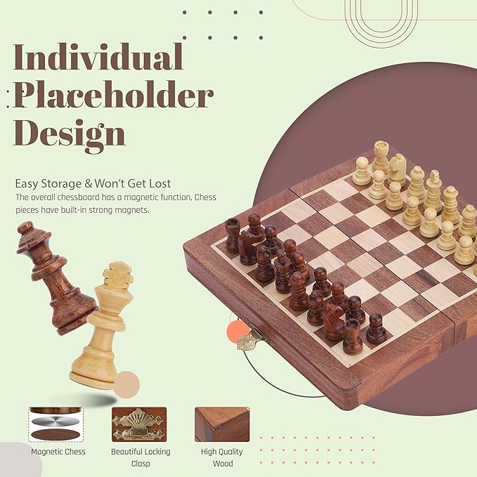 Ajuny Magnetic Travel Chess Set - Handcrafted Acacia Wood, Foldable Board with Elegant Storage Ages