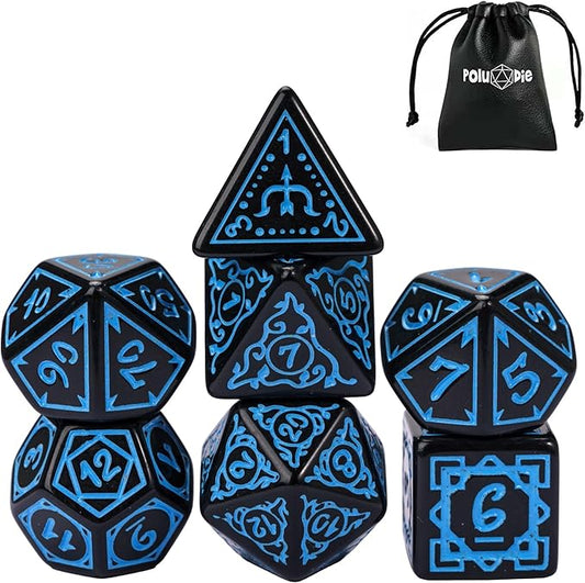 DND Dice Set -D&D Polyhedral Dice (7 Pcs) Druid Dice with Leather Dice Bag for Dungeons and Dragons Role Playing Dice Games RPGs(Druid - Black Blue)