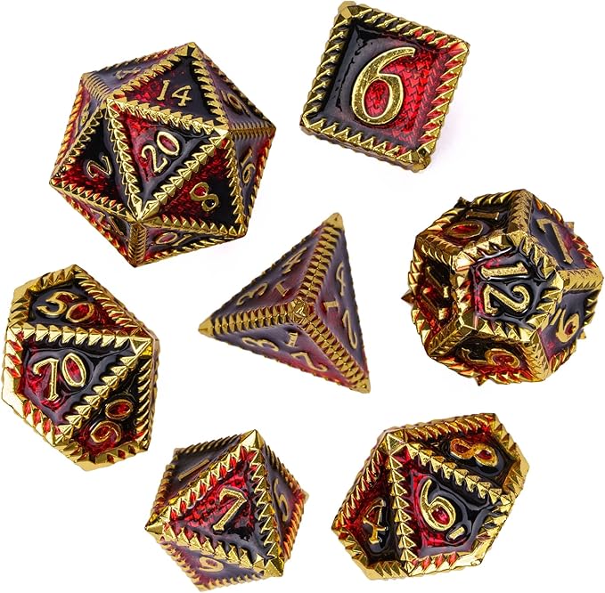 7-Die Metal DND Dice Set, Serrated Design Metal Dice Set 7 Pcs D&D Dice Set for Dungeons and Dragons Role Playing Game(RPG),Pathfinder,Table Game,Board Games(Gold Black Red)