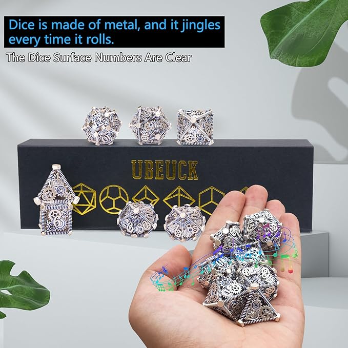 DND Metal Dice Set, UBEUCK 7PCS Gear Metal DND Dice Set for Dungeons & Dragons Board Games Boxes (Gear Blue)