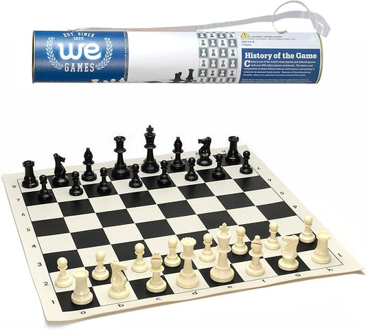 WE Games Chess Sets for Adults, Chess Board is 17 in., Chess Pieces with 3.08 inch King Travel Chess Set, Board Games Storage in Convenient Portable Carry Tube, Games for Adults