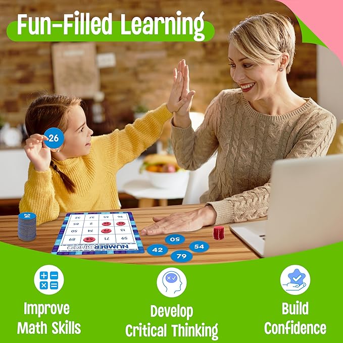 SpriteGru Number Bingo Game, 1-100 Board Game Learn & Count to Read 2 Versions Recognition Game for Kids 5-12, Perfect for Classroom & at Home