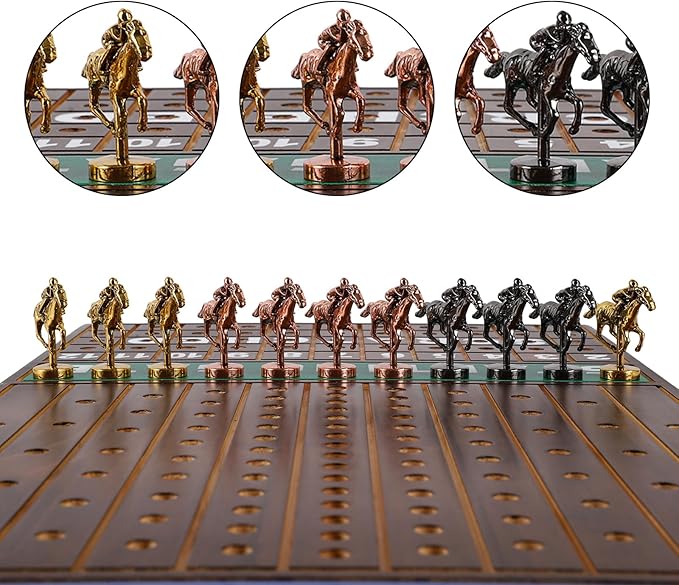 Large 21 Inches Horse Racing Board Game Thickened Wood Metal Horses Finish Line Horse Race Game for Party and Gatherings Included Dices and Cards, Flame