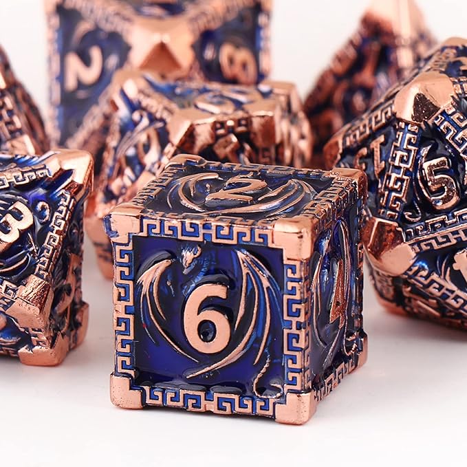 DND Dice Metal Dragon Set,Unique Dragon Design Dice with Gift Dice Bag for Dungeons & Dragon Games,Magic The Gathering,D and D D&D Dice Set (Copper Blue)