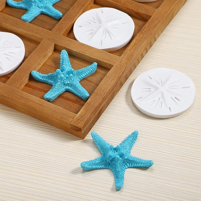 Chunful Beach House Decor Wooden Tic Tac Toe Game with Resin Seashell and Starfish Multilayer Tic Tac Toe Board Fun for Family Travel Beach Game 7.87 x 7.87 x 0.47 Inch (Wood Color)