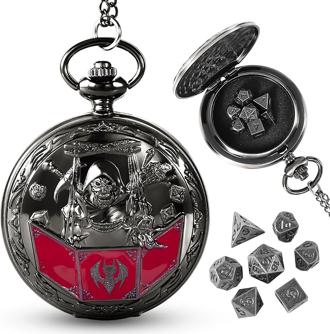 D&D Dice Set,7PCS Metal Dice for Dungeons and Dragons,Mini Dice Set with Pocket Watch Case,Role Playing Board Games Accessories (DM, Black)