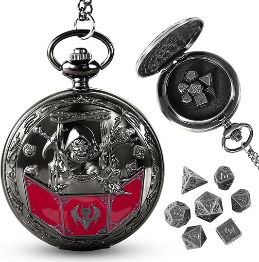 D&D Dice Set,7PCS Metal Dice for Dungeons and Dragons,Mini Dice Set with Pocket Watch Case,Role Playing Board Games Accessories (DM, Black)