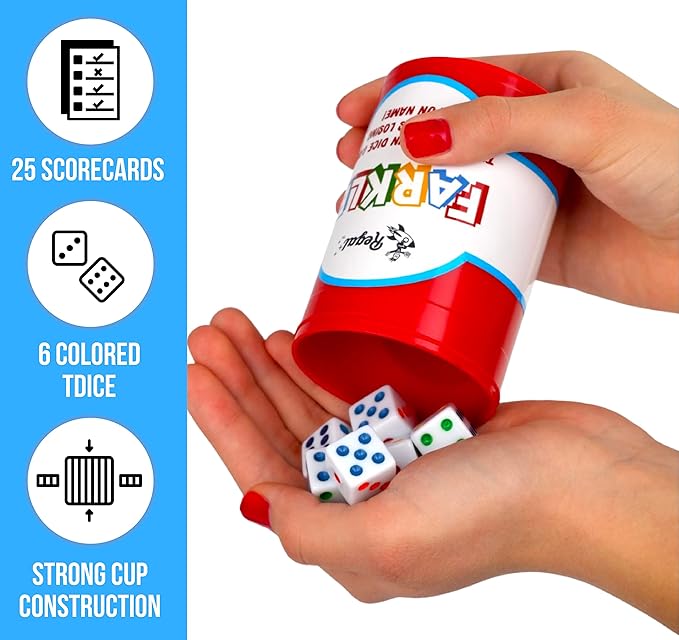 Regal Games - Farkle Classic Dice Game w/ 6 Colored Dice, 1 Convenient Dice Cup for Easy Shaking, and 25 Score Sheets - Fun Family Game for Travel, Camp, and More - Ideal for 2-4 Players (Ages 12+)