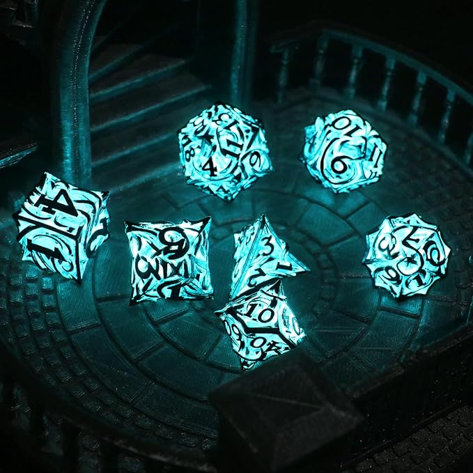 Glow in The Dark DND Dice Metal for Dungeons and Dragon 7 Polyhedral Dice Set Hollow Metal Vine D&D RPG Dice for Role Playing Game (Vine Glow Blue)