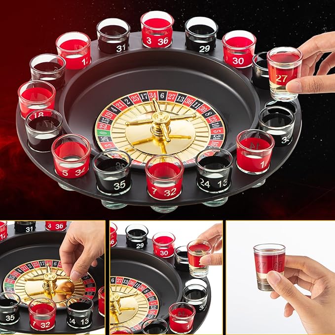 Hiboom Shot Glass Roulette Game and Drinking Dice Set - 16pcs Glasses and 2 Balls for Adults, Family Gathering, Bar, Party Supplies
