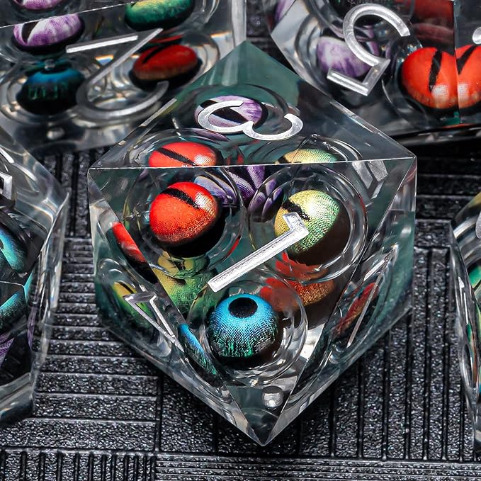 Sharp Edged Dice Set Mix Colored Eyeball Dice 22-32mm Large DND Dice with Box, Dungeons and Dragons Polyhedral D&D Role Playing Board Game D&D Dice Set D20 D12 D10 D8 D6 D4 (Colorful Eyes+Silver Ink)