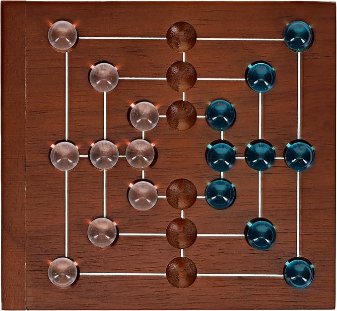 WE Games Nine Men's Morris Board Game, 5 inch Travel Size - Solid Wood Board with Magnetic Closure, 9 Clear & 9 Blue Marbles, Classic 2-Player Strategy Game for Adults, Perfect for Game Nights
