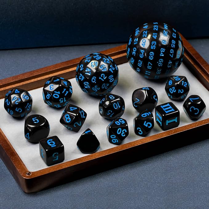 15 Pieces Complete Polyhedral DND Dice Set D3-D100 Spherical D&D Dice Set with Dragon Eye Dice Bag, D100 Dice for Dungeons and Dragons, RPG, MTG Table Games(Black w/Blue Numbers)