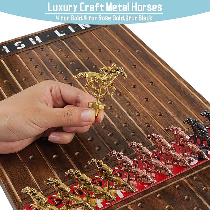 Horse Racing Board Game Comes with 11 Luxurious Metal Horses,2 Dice and 2 Boxes of Cards Solid Wood Horse Racing Board Color Box Packaging Finish Line Game Horse Racing Set (Burnt Color-Medium Size)