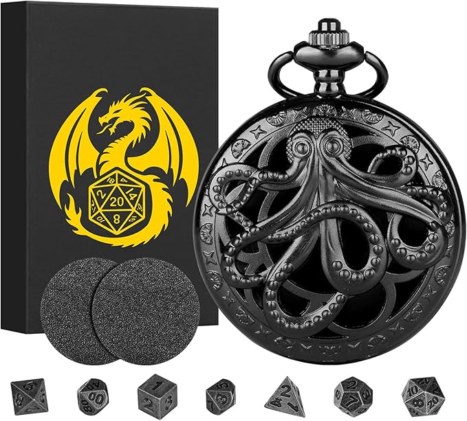 Mini DND Dice Set With Steampunk Hollow Octopus Pocket Watch Shell Case, 7pcs Polyhedral Metal Dice Set, D&D Gifts With Gift Box, Role Playing Board Games Accessories, Black