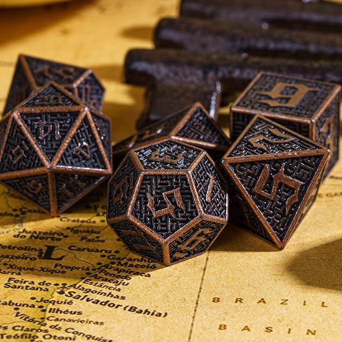 UDIXI Metal DND Dice Maze Carved D&D Dice Set 7PCS Copper Metal Dice with Leather Pouch for Dungeons and Dragons Role Playing Games