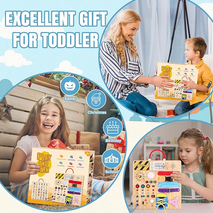 23 in 1 Busy Board Montessori Toys for 1-3 Year Old Wooden Learning Educational Toy for Toddlers with 15 Switches, 26 LED Lights, Music Boxes, Locks,Zippers Toddler Sensory Toys for Soothing A Baby