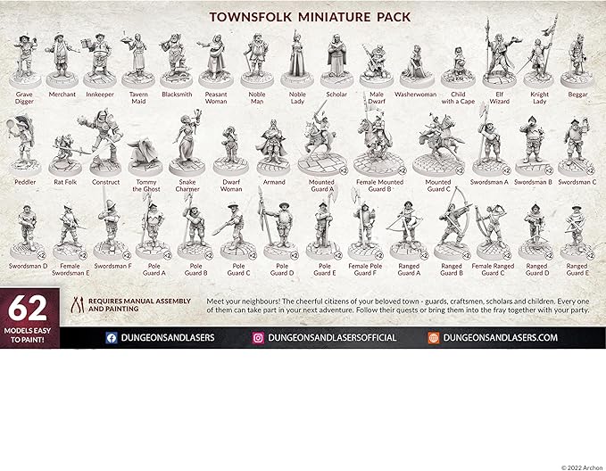 Dungeons & Lasers Townsfolk DND Miniatures Set - 62 NPC Figures with Scenic Bases for D&D and 5E Compatible RPG Games - 28MM, Unpainted, Unassembled - for 14 Years +