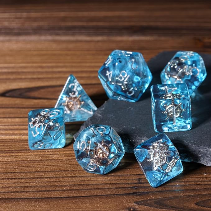 UDIXI 7PCS Polyhedral Dice Set D&D Filled with Rudder, Blue DND Dice with White Floating Silk for Dungeons and Dragons RPG and Other Tabletop Games