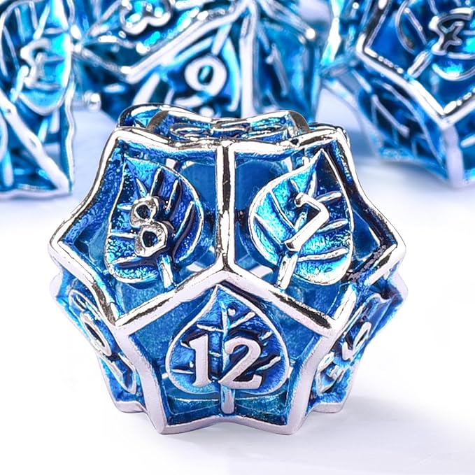 AUSTOR Metal DND Dice Set 7 Pieces Leaf DND Dice Hollow Polyhedral Dice D20 D12 D10 D% D8 D6 D4 Metal Dice with Metal Box for Dungeons & Dragons RPG Board Games (Blue & Silver)