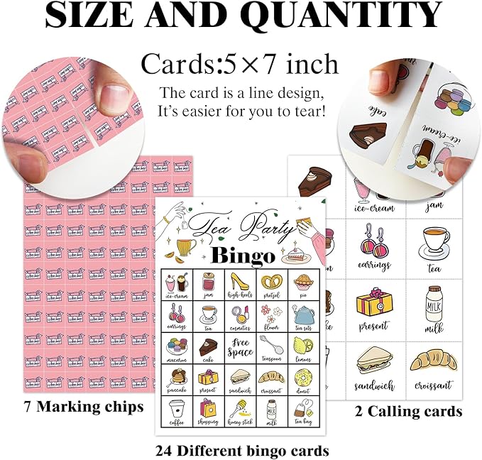 Tea Party Bingo Game 24 Players Bingo Cards for Women Men Birthday Tea Parties Favors for Women Friends Family Holiday Parties Activities Supplies Garden Party Decoration Game- JK0105