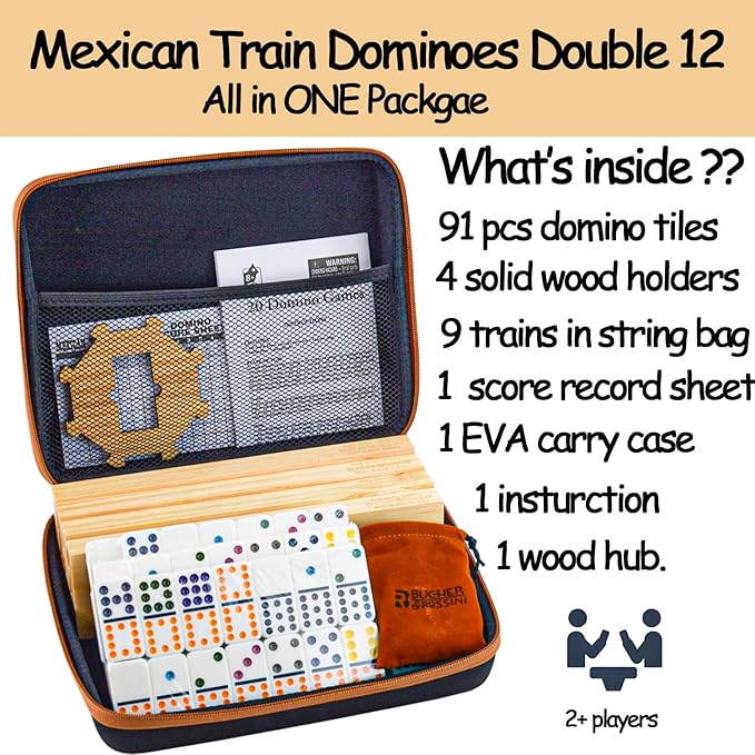 Bucher&Rossini Dominoes Set Double 12 with 4 Racks for Adults Kids, Mexican Train Dominoes Set Double 12, Mexican Train Dominoes (Double 12)