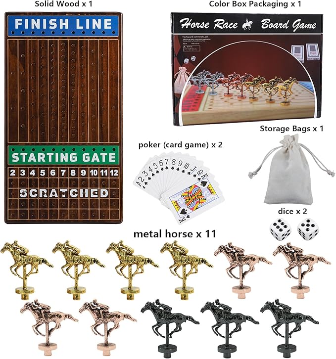 21 in Large Horse Racing Board Game Comes with 11 Luxurious Metal Horses, 2 Dice and 2 Boxes of Cards Solid Wood Horse Racing Board Color Box Packaging Finish Line Game Horse Racing Set(Burnt Color)