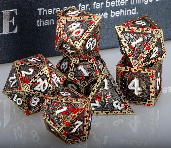 ARUOHHA Metal Blood DND Dice with Gift Box, Bronze Dragon Design Large Polyhedral Dice RPG Role Playing Games D and D D20 D12 D10 D8 D6 D4