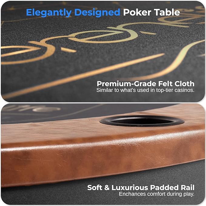 SereneLife 10-Player Oval Foldable Poker Table - Casino Texas Holdem Table with Water-Resistant Cushioned Rail, 10 Cup Holders, Brown Felt Surface, Black Jack Board & Family Games (Dark Brown)