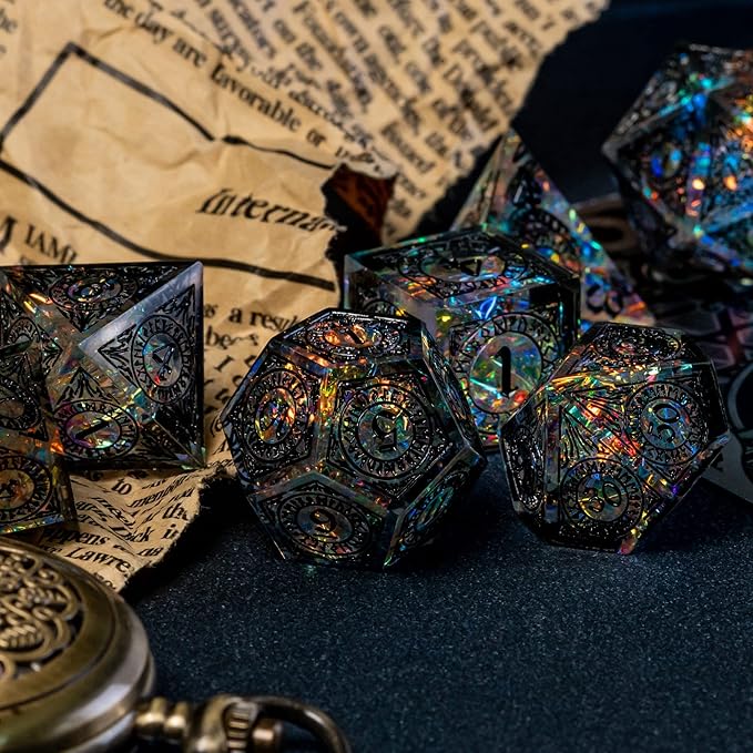 Cusdie Sharp Edges Dice DND, 7 PCs D&D Dice, Handcrafted Polyhedral Dice Set, for Role Playing Game Pathfinder (Black Pattern)