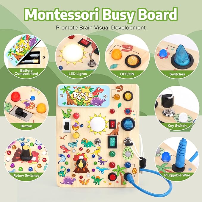 Dinosaur Busy Board with LED Light,Montessori Toy for 1+ Year Old,Engaging Sensory Board for Fine Motor Skills,Gifts & Travel Toys for Toddlers 1-3,Busy Board Plus Version.