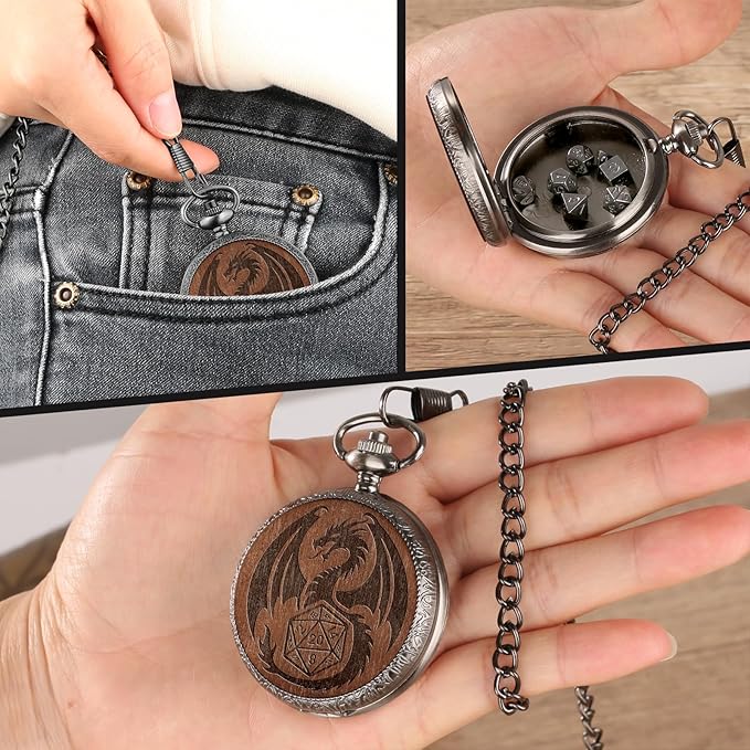 Mini DND Dice Set Wooden Dragon Engraved Pocket Watch Shell Case, 7pcs Polyhedral Metal D&D Dice Set, DND Gifts with Gift Box, Role Playing Board Games Accessories, Silver