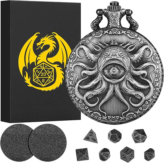 Mini DND Dice Set Steampunk One-Eye Octopus Pocket Watch Case, 7-Piece Polyhedral Metal D&D Dice Set, DND Gifts with Gift Box, Role Playing Board Game Accessories Dice, Dark Silver