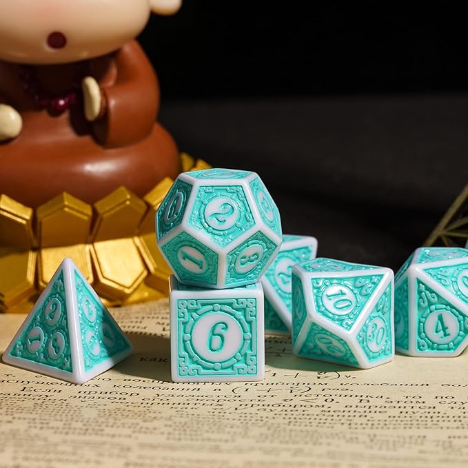 7PCs DND Dice Set, Unique Window Lattice Pattern D&D Dice Set with Leather Dice Bag, Polyhedral Dice for Dungeons and Dragons, RPG, Table Games (Cyan/White)