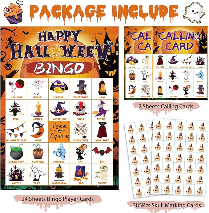 Halloween Bingo Set - 24 Player Game with Bingo Cards for Adults, Family Activities & Party Supplies