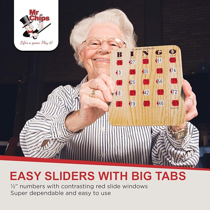 MR CHIPS Jam-Proof Bingo Cards with Sliding Windows, 50 Reusable Shutter Cards, 75 Calling 1 Master Board Plus 10 Extra Cards