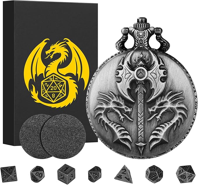 Mini DND Dice Set with Double Headed Dragon(Top Double-Sided Axe) Pocket Watch Case, 7-PCS Polyhedral Metal D&D Dice, DND Gifts with Gift Box, Role Playing Game Board Game Accessories Dice, Silver