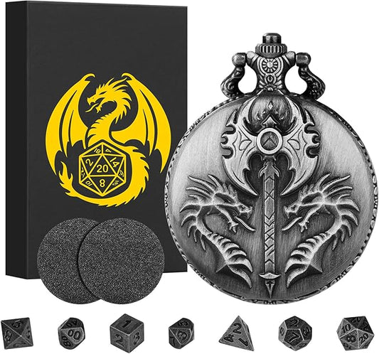 Mini DND Dice Set with Double Headed Dragon(Top Double-Sided Axe) Pocket Watch Case, 7-PCS Polyhedral Metal D&D Dice, DND Gifts with Gift Box, Role Playing Game Board Game Accessories Dice, Silver