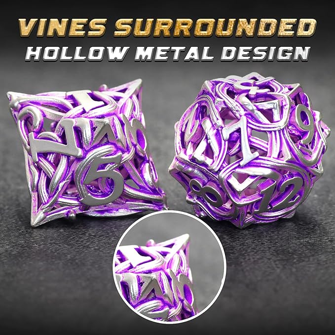 Metal DND Dice Set of 7 for Dungeons and Dragons Hollow Polyhedral Metal Vine Dice Set D&D with Case Role Playing D and D RPG Dice for Tabletop Games Ttrpg (Vine White Purple)