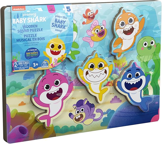 Spin Master Games, Pinkfong Baby Shark Chunky Musical Wooden Sound Puzzle, Plays Baby Shark Song, Kids Puzzle, Easy Activity Toy for Preschoolers, for Kids & Family, 5 Pieces, for Ages 3 & Up