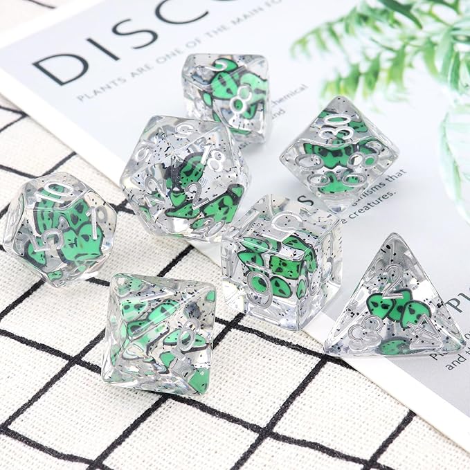 Haxtec Green DND Dice Set 7PCS Filled Resin Polyhedral Halloween D&D Dice with Ghost Inclusions Role Playing Dice for Dungeons and Dragons TTRPG