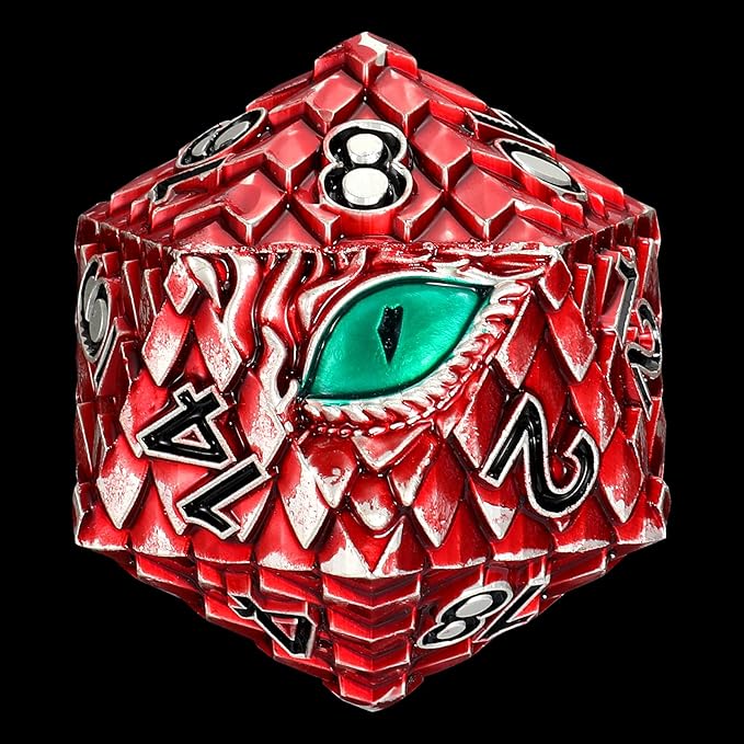 Dragon Eye Scale DND Metal Dice,33mm 20 Sided Giant D20, Large Polyhedral Dice, D&D Metal Dice Set for Dungeons and Dragons, RPG, MTG & Tabletop Games(Red with Green Eye)